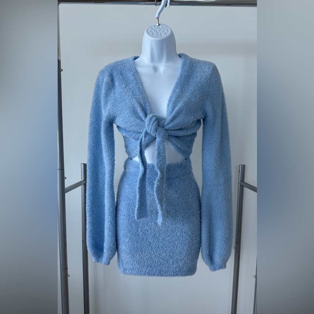 Blue Fuzzy Skirt Crop Top Set - Finesse